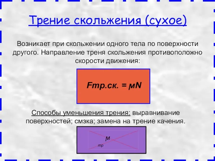 Возникает при скольжении одного тела по поверхности другого. Направление треня скольжения противоположно