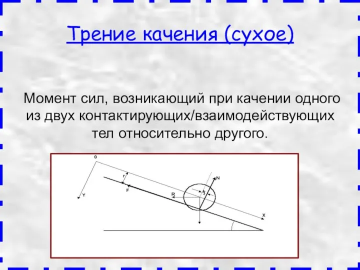 Момент сил, возникающий при качении одного из двух контактирующих/взаимодействующих тел относительно другого. Трение качения (сухое)