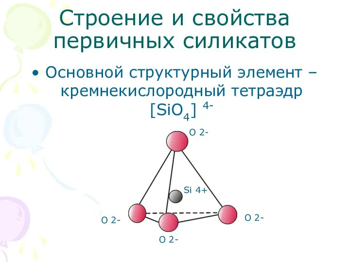 Строение и свойства первичных силикатов Основной структурный элемент – кремнекислородный тетраэдр [SiO4]