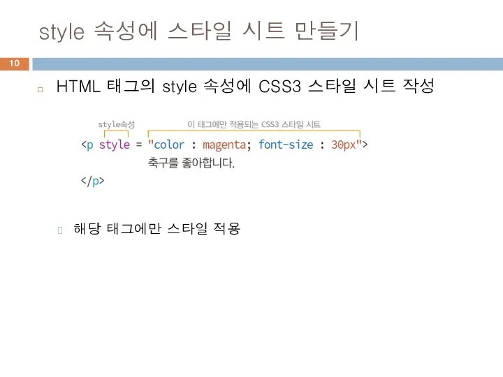 style 속성에 스타일 시트 만들기 HTML 태그의 style 속성에 CSS3 스타일 시트
