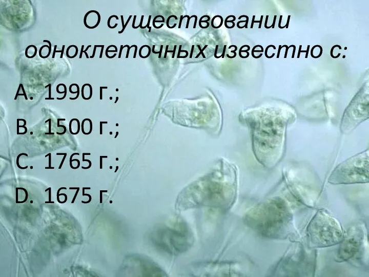 О существовании одноклеточных известно с: 1990 г.; 1500 г.; 1765 г.; 1675 г.