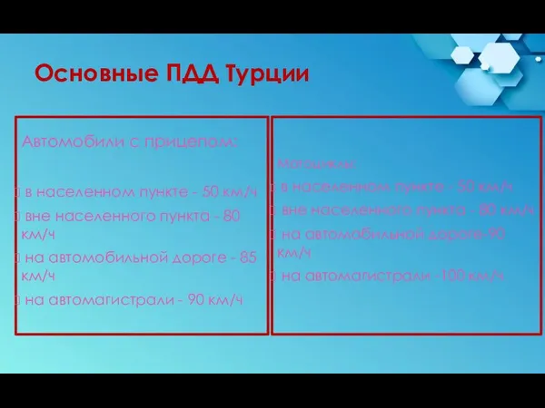 Основные ПДД Турции Автомобили с прицепом: в населенном пункте - 50 км/ч