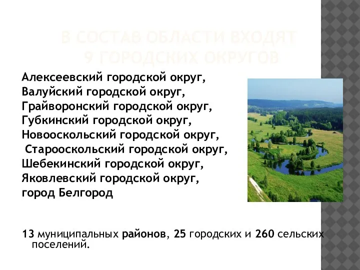 В СОСТАВ ОБЛАСТИ ВХОДЯТ 9 ГОРОДСКИХ ОКРУГОВ Алексеевский городской округ, Валуйский городской