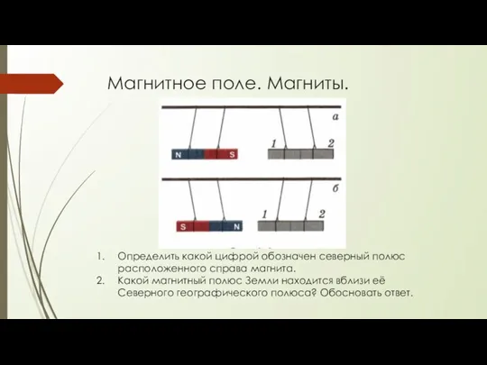 Магнитное поле. Магниты. Определить какой цифрой обозначен северный полюс расположенного справа магнита.