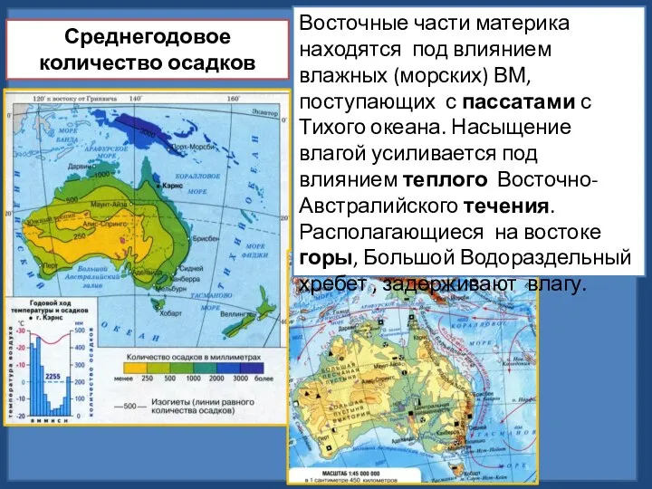 Восточные части материка находятся под влиянием влажных (морских) ВМ, поступающих с пассатами