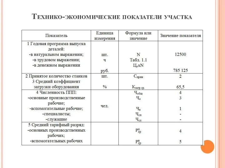 Технико-экономические показатели участка