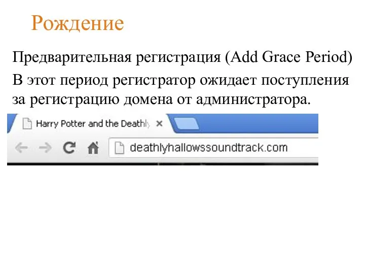 Рождение Предварительная регистрация (Add Grace Period) В этот период регистратор ожидает поступления