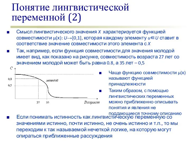 Понятие лингвистической переменной (2) Смысл лингвистического значения X характеризуется функцией совместимости μ(х):