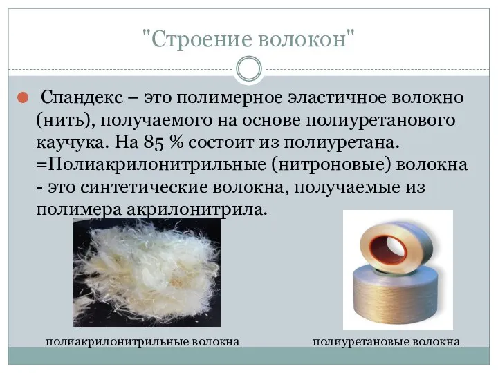 "Строение волокон" Спандекс – это полимерное эластичное волокно (нить), получаемого на основе