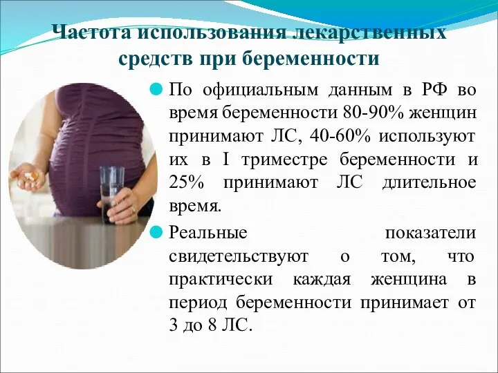 Частота использования лекарственных средств при беременности По официальным данным в РФ во