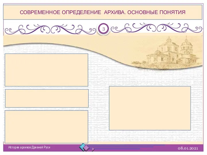 08.01.2021 История архивов Древней Руси СОВРЕМЕННОЕ ОПРЕДЕЛЕНИЕ АРХИВА. ОСНОВНЫЕ ПОНЯТИЯ