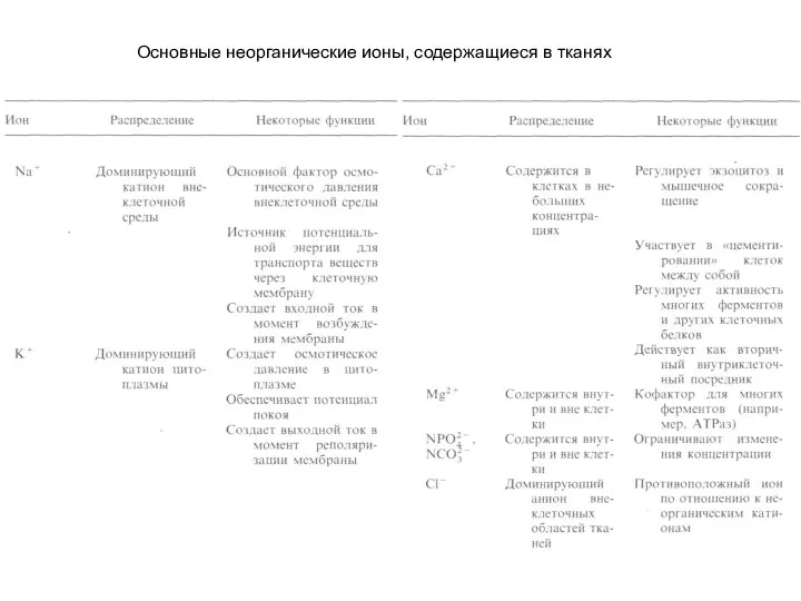 Основные неорганические ионы, содержащиеся в тканях