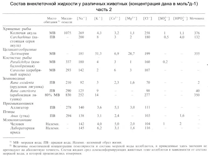 Состав внеклеточной жидкости у различных животных (концентрация дана в моль*д-1) часть 2