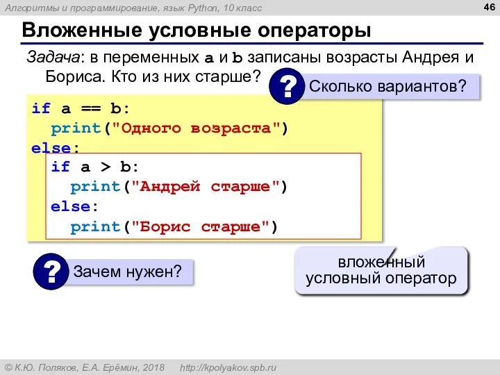 Вложенные условные операторы if a == b: print("Одного возраста") else: if a