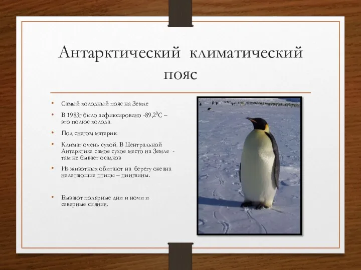 Антарктический климатический пояс Самый холодный пояс на Земле В 1983г было зафиксировано