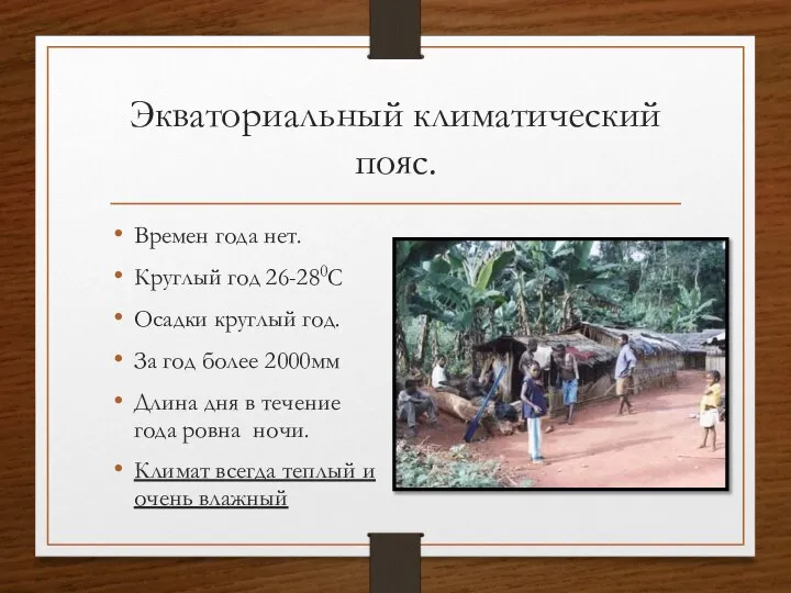 Экваториальный климатический пояс. Времен года нет. Круглый год 26-280С Осадки круглый год.