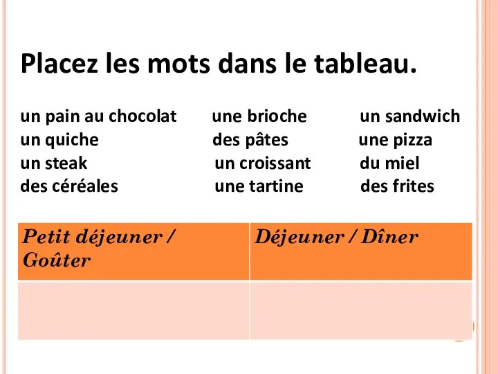 Placez les mots dans le tableau. un pain au chocolat une brioche