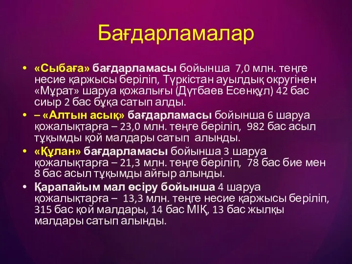 Бағдарламалар «Сыбаға» бағдарламасы бойынша 7,0 млн. теңге несие қаржысы беріліп, Түркістан ауылдық