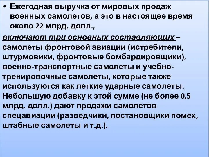 Ежегодная выручка от мировых продаж военных самолетов, а это в настоящее время