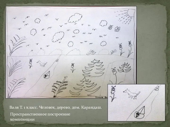 Валя Т. 1 класс. Человек, дерево, дом. Карандаш. Пространственное построение композиции