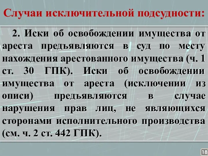 Случаи исключительной подсудности: 2. Иски об освобождении имущества от ареста предъявляются в