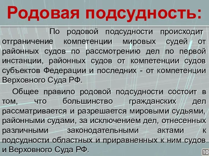 Родовая подсудность: По родовой подсудности происходит отграничение компетенции мировых судей от районных