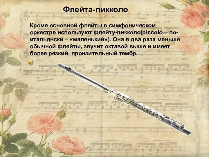 Флейта-пикколо Кроме основной флейты в симфоническом оркестре используют флейту-пикколо(piccolo – по-итальянски –