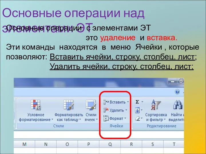 Основные операции над элементами ЭТ Основные операции с элементами ЭТ это удаление