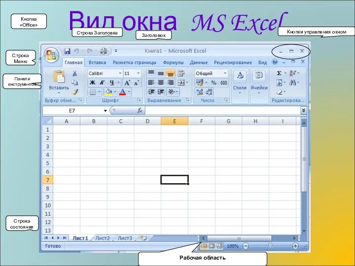 Вид окна MS Excel Кнопки управления окном Строка Заголовка Заголовок Кнопка «Office»