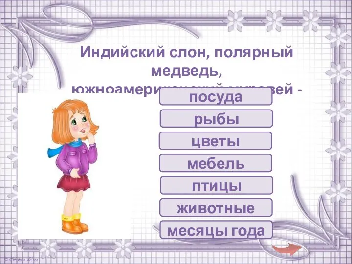 птицы Индийский слон, полярный медведь, южноамериканский муравей - рыбы посуда цветы мебель животные месяцы года