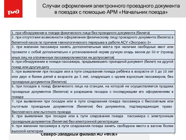 Случаи оформления электронного проездного документа в поездах с помощью АРМ «Начальник поезда» Северо-Западный филиал АО «ФПК»