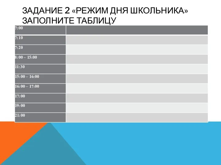 ЗАДАНИЕ 2 «РЕЖИМ ДНЯ ШКОЛЬНИКА» ЗАПОЛНИТЕ ТАБЛИЦУ