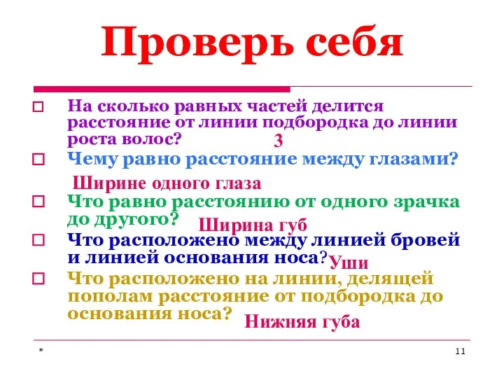 Проверь себя На сколько равных частей делится расстояние от линии подбородка до