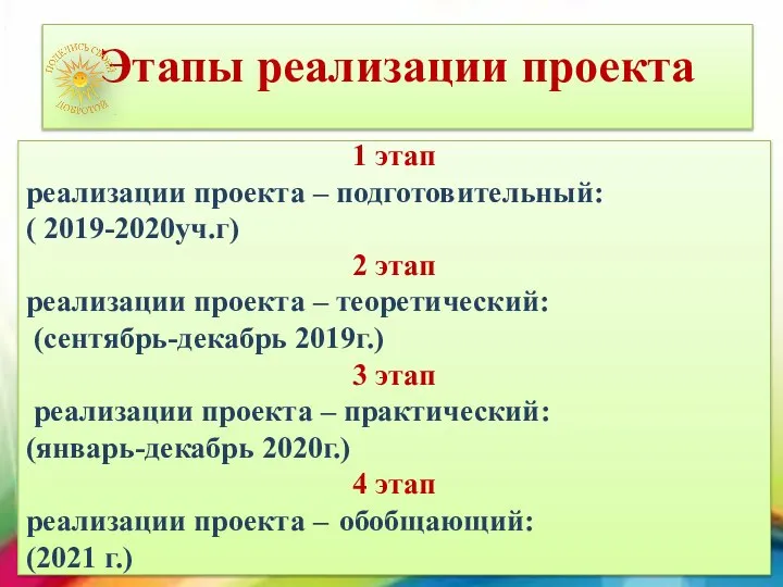 Этапы реализации проекта 1 этап реализации проекта – подготовительный: ( 2019-2020уч.г) 2