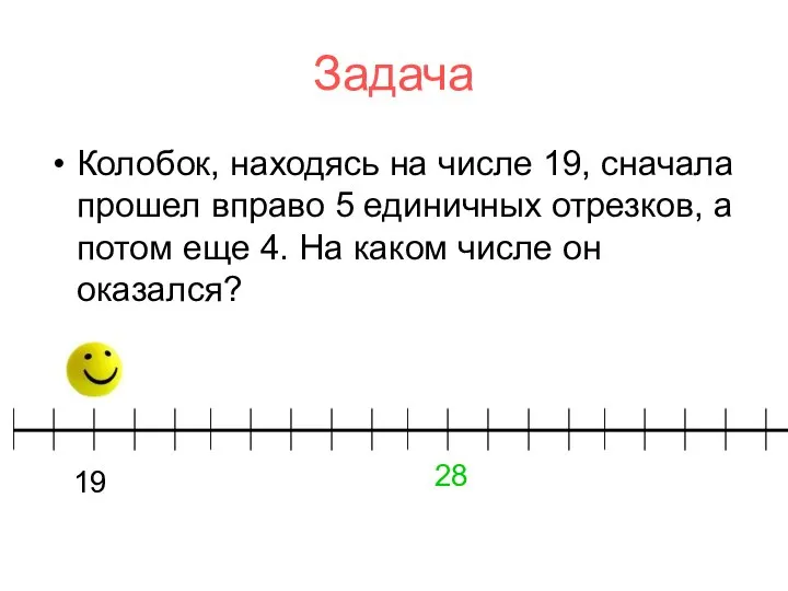 Задача Колобок, находясь на числе 19, сначала прошел вправо 5 единичных отрезков,