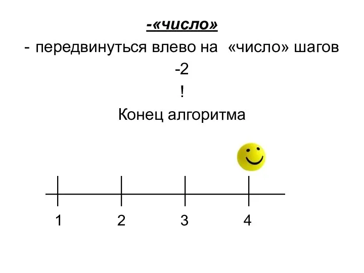 -«число» передвинуться влево на «число» шагов -2 ! Конец алгоритма 1 2 3 4