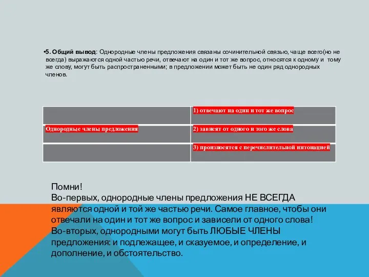 5. Общий вывод: Однородные члены предложения связаны сочинительной связью, чаще всего(но не