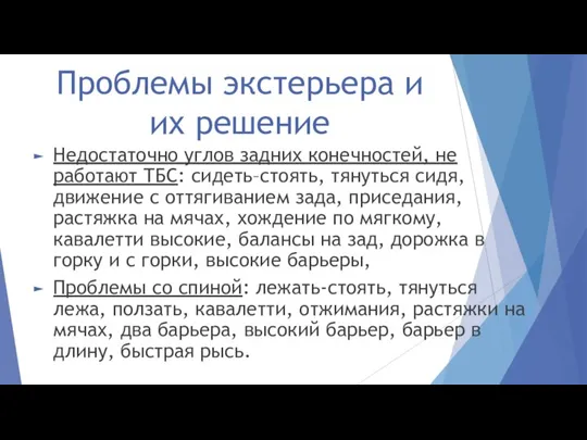 Проблемы экстерьера и их решение Недостаточно углов задних конечностей, не работают ТБС: