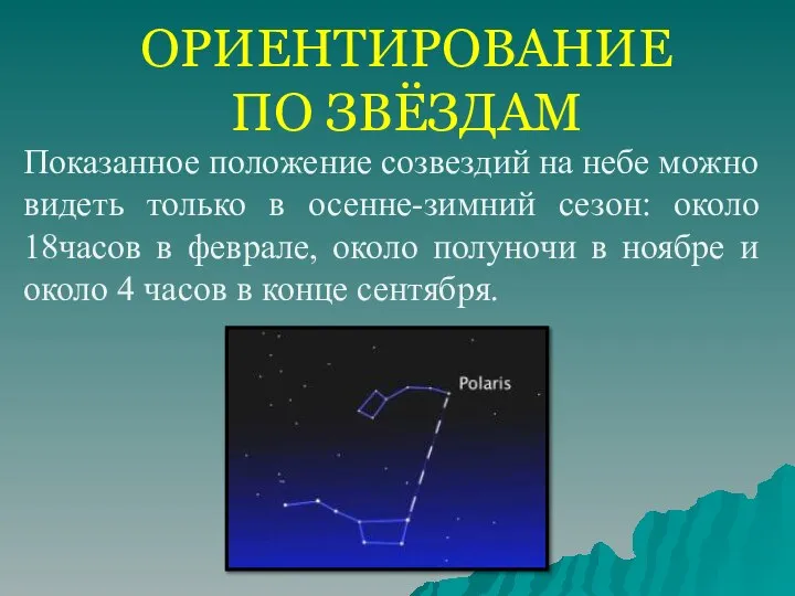 ОРИЕНТИРОВАНИЕ ПО ЗВЁЗДАМ Показанное положение созвездий на небе можно видеть только в