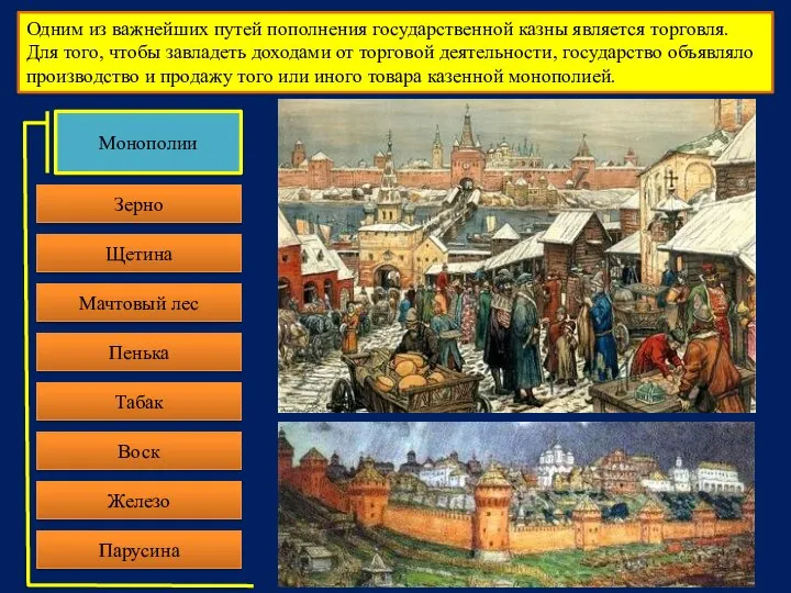 Монополии Одним из важнейших путей пополнения государственной казны является торговля. Для того,