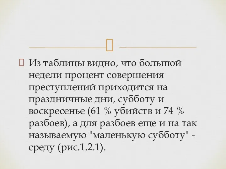 Из таблицы видно, что большой недели процент совершения преступлений приходится на праздничные