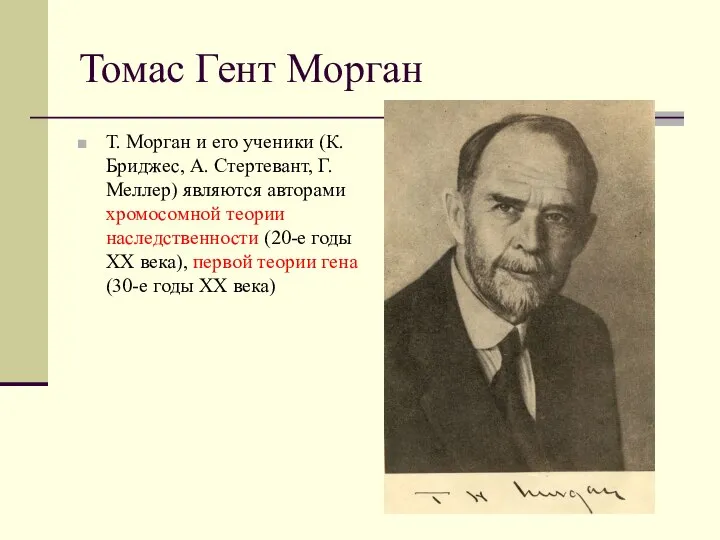 Томас Гент Морган Т. Морган и его ученики (К. Бриджес, А. Стертевант,