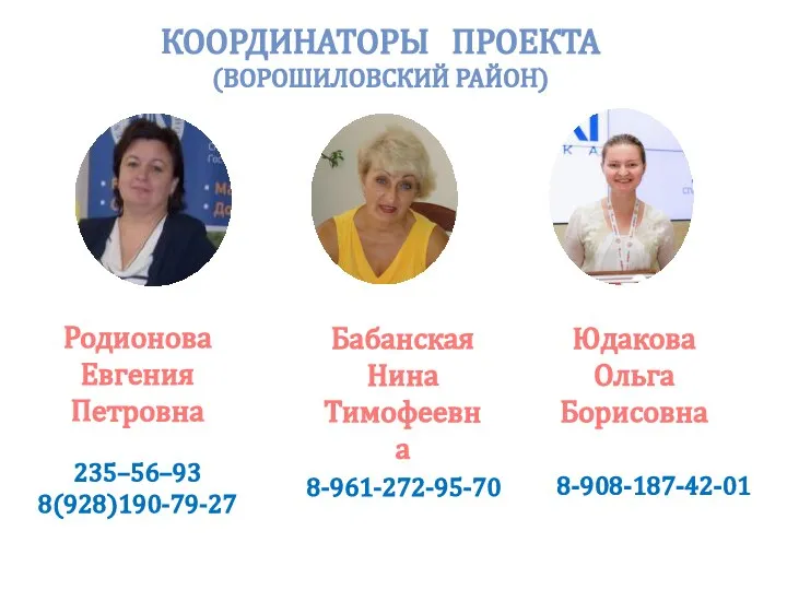 Юдакова Ольга Борисовна Родионова Евгения Петровна 235–56–93 8(928)190-79-27 8-908-187-42-01 Бабанская Нина Тимофеевна