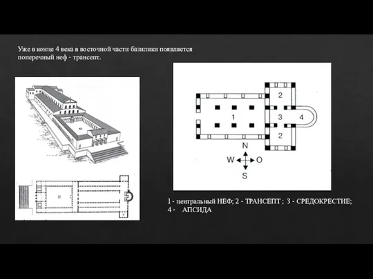 Уже в конце 4 века в восточной части базилики появляется поперечный неф