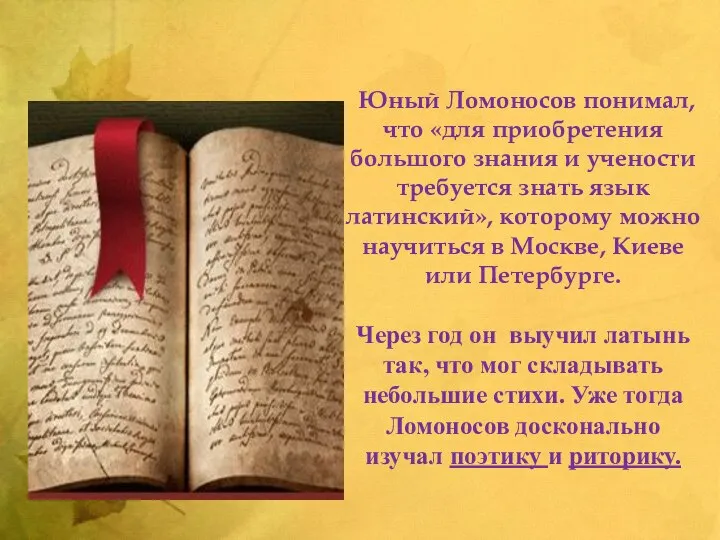 Юный Ломоносов понимал, что «для приобретения большого знания и учености требуется знать
