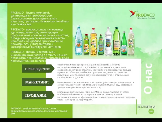 О нас PRODACO - Группа компаний, занимающаяся производством безалкогольных прохладительных напитков, природных