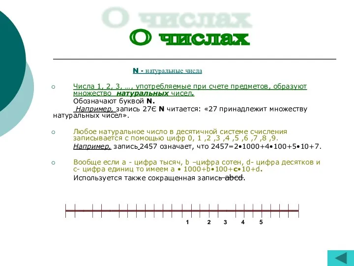 N - натуральные числа Числа 1, 2, 3, …, употребляемые при счете