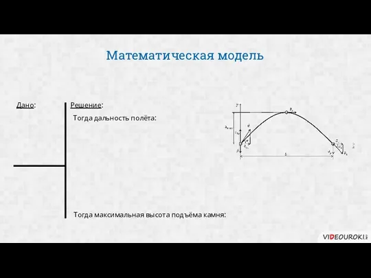 Математическая модель Дано: Решение: Тогда дальность полёта: Тогда максимальная высота подъёма камня: