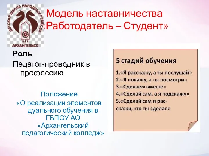 Модель наставничества «Работодатель – Студент» Роль Педагог-проводник в профессию Положение «О реализации