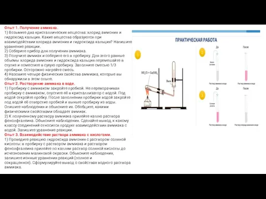Опыт 1. Получение аммиака. 1) Возьмите два кристаллических вещества: хлорид аммония и